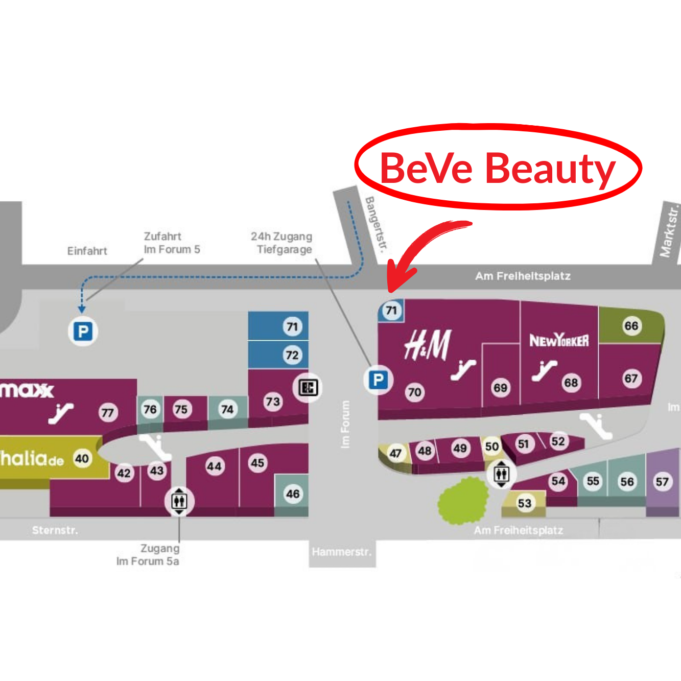Wegbeschreibung BeVe Beauty Eingang zum Kosmetikstudio BeVe Beauty in Hanau am Freiheitsplatz